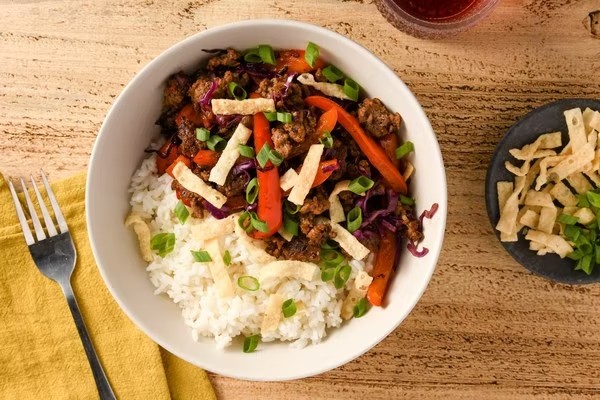 Spicy Beef Rice With Egg Rolls